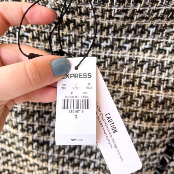 NWT Express Black Gold White Tweed Fringe Skirt 14 - Picture 4 of 7